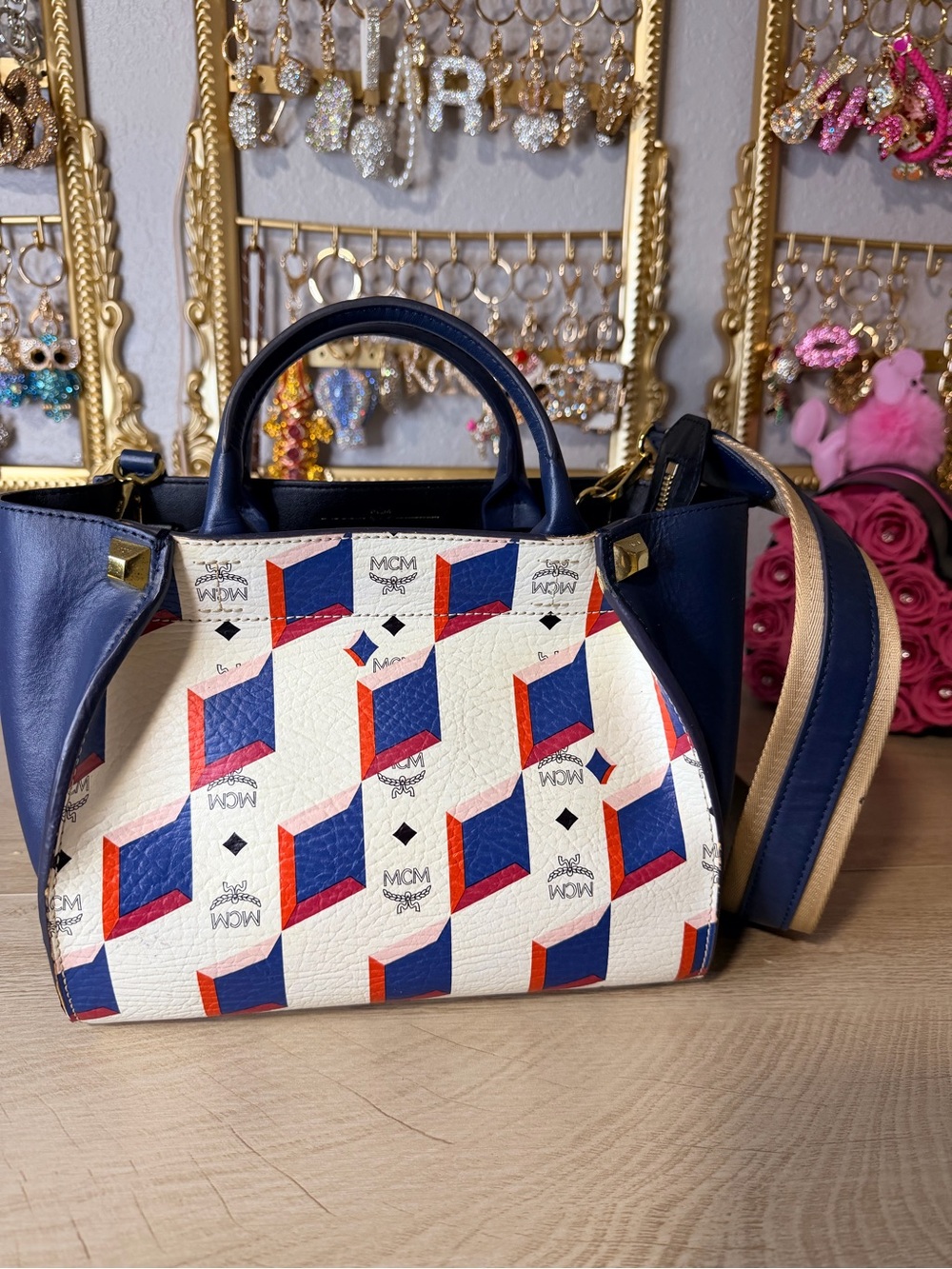 MCM Navy, White & Red Visetos Geo Satchel